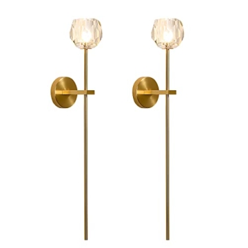 BOKT Mid Century Modern Gold Crystal Wall Sconce Set of Two Brushed Brass Gold Long Wall Sconce Ligh...