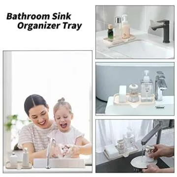 MicoYang Silicone Bathroom Soap Dishes with Drain Spout-Bathroom and Kitchen Sink Organizer,Sponge Holder,Dish Soap Tray,Perfect for Dispenser,Scrubber,Bottle,Cup on Sink or Counter-Tapioca 9.6"×5.3"