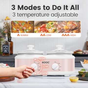 KOOC Double Small Slow Cooker, Buffet Server and Warmer, 2 Mini Pots with 3 Individual Adjustable Temp, Dual Ceramic Pots, Free Liners for Easy Clean-up, Stainless Steel, Total 2.5 Quart, Pink, Round