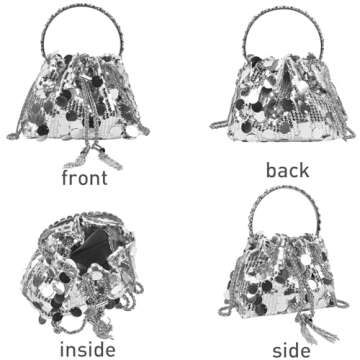 QZUnique Silver Sequin Bucket Bag Women Glitter Evening Handbags for Wedding Sparkly Shining Purse Shoulder Crossbody Clutch