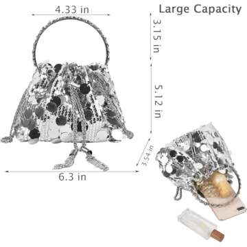 QZUnique Silver Sequin Bucket Bag Women Glitter Evening Handbags for Wedding Sparkly Shining Purse Shoulder Crossbody Clutch