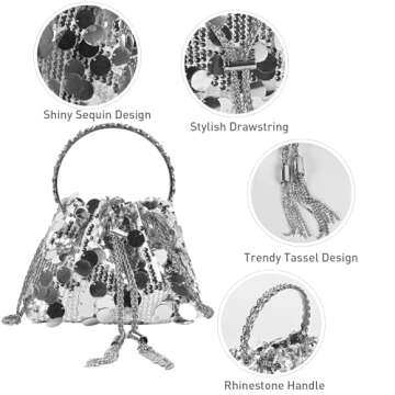 QZUnique Silver Sequin Bucket Bag Women Glitter Evening Handbags for Wedding Sparkly Shining Purse Shoulder Crossbody Clutch