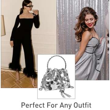 QZUnique Silver Sequin Bucket Bag Women Glitter Evening Handbags for Wedding Sparkly Shining Purse Shoulder Crossbody Clutch