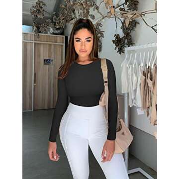 GXIN Women's 2 Piece Sexy Bodysuit Long Sleeve Ribbed Bodycon Bodysuits Black Grey