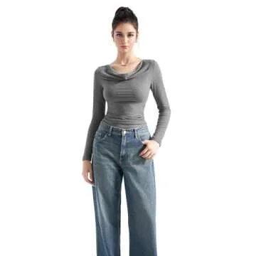 SUUKSESS Women Long Sleeve Off Shoulder Tops Trendy Cowl Neck Going Out Basic Blouses Shirts for Fall (Grey, M)
