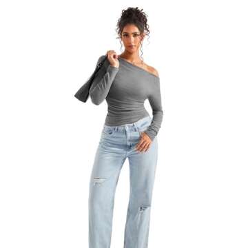 SUUKSESS Women Long Sleeve Off Shoulder Tops Trendy Cowl Neck Going Out Basic Blouses Shirts for Fall (Grey, M)