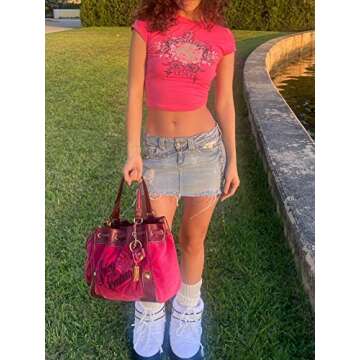 Xineicy Y2K Crop Tops for Woman Short Sleeve Crew Neck Baby Tees Vintage Acanthus Print T-Shirt