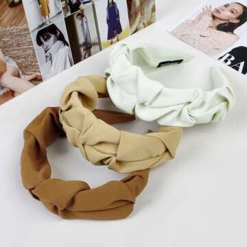 WOVOWOVO Knotted Headbands for Women Girls Ruched Wide Hairbands Fashion Non Slip Head Bands for Women's Hair Ruffled Fabric Hair Hoop Black White Brown Hair Accessories 4Pcs