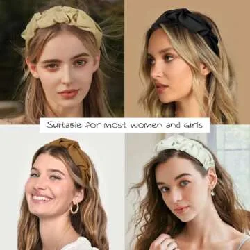 WOVOWOVO Knotted Headbands for Women Girls Ruched Wide Hairbands Fashion Non Slip Head Bands for Women's Hair Ruffled Fabric Hair Hoop Black White Brown Hair Accessories 4Pcs