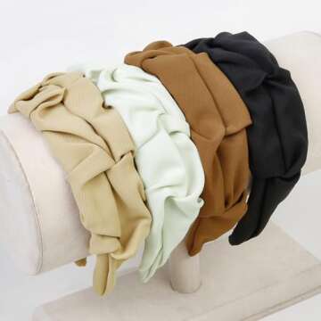 WOVOWOVO Knotted Headbands for Women Girls Ruched Wide Hairbands Fashion Non Slip Head Bands for Women's Hair Ruffled Fabric Hair Hoop Black White Brown Hair Accessories 4Pcs