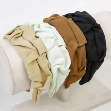 WOVOWOVO Knotted Headbands for Women Girls Ruched Wide Hairbands Fashion Non Slip Head Bands for Women's Hair Ruffled Fabric Hair Hoop Black White Brown Hair Accessories 4Pcs