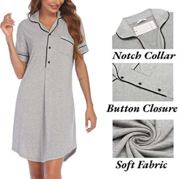 Ekouaer Women's Hospital Nursing Gown for Labor and Delivery Short Sleeve Maternity Sleepshirts Light Grey