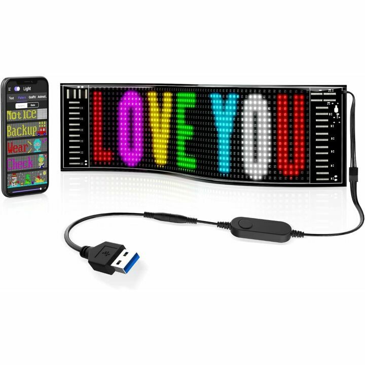 RAYHOME Scrolling Bright Advertising LED Signs, Flexible USB 5V LED Car Sign Bluetooth App Control Custom Text Pattern Animation Programmable LED Display for Store Car Bar Hotel (15''x4'')