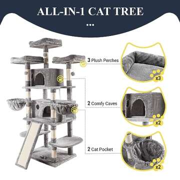 Allewie 68 Inches Cat Tree/House and Towers for Big Feline/Scratching Post/Multi-Level Large Kitty Climbing Tree with Condo/Light Grey