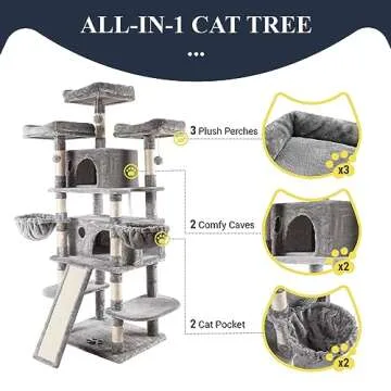 Allewie 68 Inches Cat Tree/House and Towers for Big Feline/Scratching Post/Multi-Level Large Kitty Climbing Tree with Condo/Light Grey