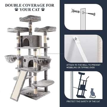 Allewie 68 Inches Cat Tree/House and Towers for Big Feline/Scratching Post/Multi-Level Large Kitty Climbing Tree with Condo/Light Grey