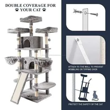 Allewie 68 Inches Cat Tree/House and Towers for Big Feline/Scratching Post/Multi-Level Large Kitty Climbing Tree with Condo/Light Grey
