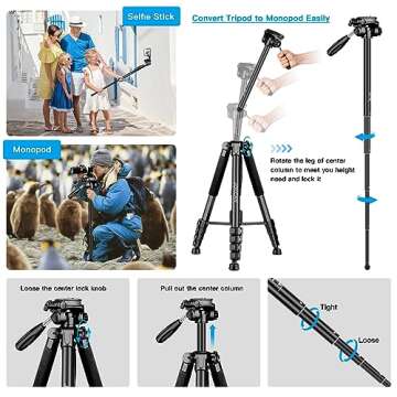 Camera Tripod, 72” Tripod for Camera Stand, Aluminum Heavy Duty Tripod for Video Photo, 5 in 1 Travel Camera Tripod & Monopod Compatible with Canon Nikon Cameras DSLR Camcorder Projector Phone