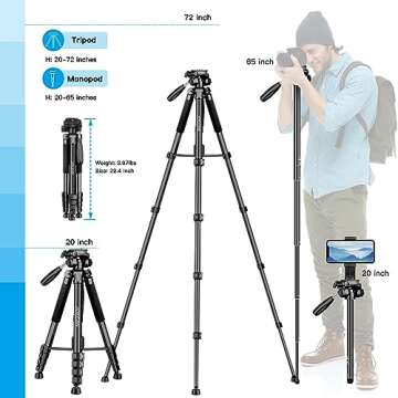 Camera Tripod, 72” Tripod for Camera Stand, Aluminum Heavy Duty Tripod for Video Photo, 5 in 1 Travel Camera Tripod & Monopod Compatible with Canon Nikon Cameras DSLR Camcorder Projector Phone