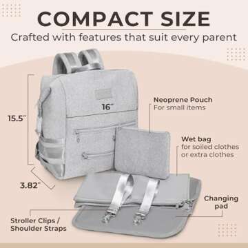BUNSO Neoprene Diaper Bag Backpack, Water-resistant, Travel Baby Bag With Changing Pad, Stroller Straps, Wet Bag and Pouch (Gray)