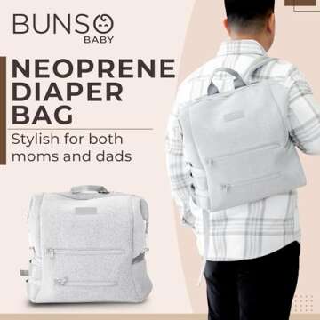 BUNSO Neoprene Diaper Bag Backpack, Water-resistant, Travel Baby Bag With Changing Pad, Stroller Straps, Wet Bag and Pouch (Gray)