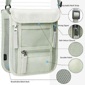 WALNEW Passport Holder Neck Pouch Travel Wallet for Women and Men, RFID Blocking Security Slim Traveling Wallet with Around Neck Lanyard Strap, Light Green