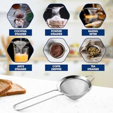 Fine Mesh Strainer with Handle - 3.3" Tea Strainers for Loose Tea Leaf Strainer Coffee Strainers Fine Mesh Stainless Steel Tea Strainer - Durable Stainless Steel Strainer with Handle Cocktail Strainer