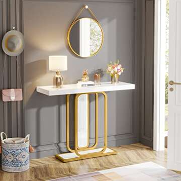 Tribesigns Modern Gold White Console Table with LED Lights, 41.3 Inch Entryway Hallway Foyer Accent Table with Faux Marble Veneer for Living Room, Entrance