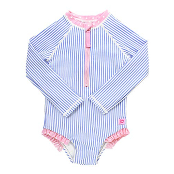 RuffleButts® Girls Long Sleeve One Piece Swimsuit - Versatile Periwinkle Blue Seersucker with UPF 5...
