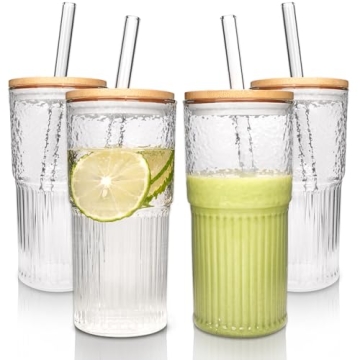 ANOTION 22 oz Glass Cups Set - Reusable Iced Coffee & Smoothie Tumblers for Home & Travel
