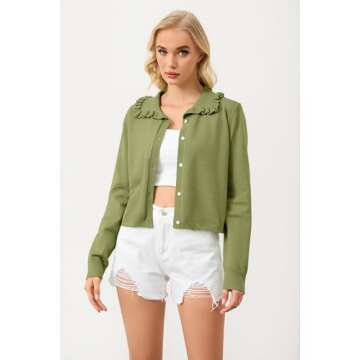 Ythomm Womens Ruffle Collar Cropped Cardigans Button Down Open Front Long Sleeve Knit Sweater Jacket...