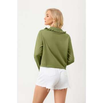 Ythomm Womens Ruffle Collar Cropped Cardigans Button Down Open Front Long Sleeve Knit Sweater Jackets Casual Solid Fall Tops Green