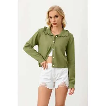 Ythomm Womens Ruffle Collar Cropped Cardigans Button Down Open Front Long Sleeve Knit Sweater Jackets Casual Solid Fall Tops Green