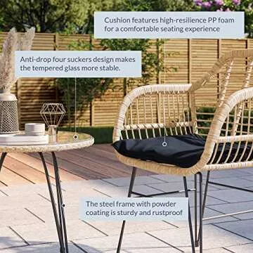 BELLEZE 3 Piece Modern Resin Wicker Patio Cafe Set with Glass Top Table and Two Chairs, Weather-Resistant Outdoor Furniture for Backyard, Porch or Pool - Beige
