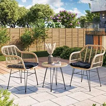 BELLEZE 3 Piece Modern Resin Wicker Patio Cafe Set with Glass Top Table and Two Chairs, Weather-Resistant Outdoor Furniture for Backyard, Porch or Pool - Beige