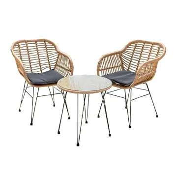 BELLEZE 3 Piece Modern Resin Wicker Patio Cafe Set with Glass Top Table and Two Chairs, Weather-Resistant Outdoor Furniture for Backyard, Porch or Pool - Beige