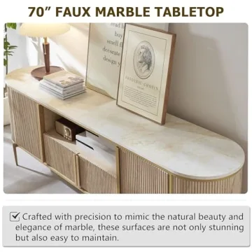 OKD Luxury 70" Fluted TV Stand, Modern Chic Entertainment Center for TVs Up to 80 inches, TV Console with Faux Marble Top, Curved Profile Design, Media Console for Living Room, Natural Oak