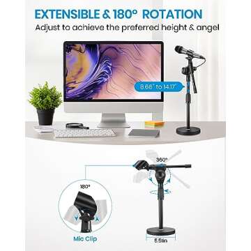Moukey Mic Stand Desk Adjustable Tabletop Microphone Stand with Non-Slip Mic Clip, Short Table Mic Stand with Gear Fixing, Boom Arm, 3/8" and 5/8" Adapter, MMs-5