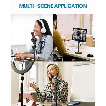 Moukey Mic Stand Desk Adjustable Tabletop Microphone Stand with Non-Slip Mic Clip, Short Table Mic Stand with Gear Fixing, Boom Arm, 3/8" and 5/8" Adapter, MMs-5