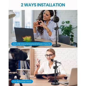 Moukey Mic Stand Desk Adjustable Tabletop Microphone Stand with Non-Slip Mic Clip, Short Table Mic Stand with Gear Fixing, Boom Arm, 3/8" and 5/8" Adapter, MMs-5