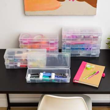 IRIS USA Plastic Pencil Case Box Craft Hobby Art School Supply Storage Organizer Container with Latching Lid, 10-Pack, for Bead Pens Ribbons Wahi Tape Sticker Yarn Ornaments, Stackable, Clear, Large