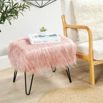 Home Soft Things Mongolian Faux Fur Ottoman, Coral Pink, 19'' x 13'' x 17'', Cozy Plush Fluffy Ottoman Foot Rest Stool for Living Room Bedroom Entryway Makeup Bench End of Bed Home Décor