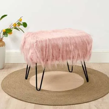 Home Soft Things Mongolian Faux Fur Ottoman, Coral Pink, 19'' x 13'' x 17'', Cozy Plush Fluffy Ottoman Foot Rest Stool for Living Room Bedroom Entryway Makeup Bench End of Bed Home Décor