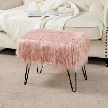 Home Soft Things Mongolian Faux Fur Ottoman, Coral Pink, 19'' x 13'' x 17'', Cozy Plush Fluffy Ottoman Foot Rest Stool for Living Room Bedroom Entryway Makeup Bench End of Bed Home Décor