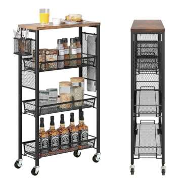 YITAHOME Kitchen Cart with Wheels, 4-Tier Slim Storage Cart, Mobile Utility Cart with Wooden Tabletop and Mesh Baskets, 19.2''x 7.3''x 34.3'', Rolling Cart for Kitchen, Bathroom, Laundry Room