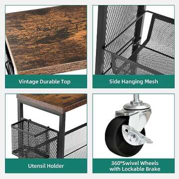 YITAHOME Kitchen Cart with Wheels, 4-Tier Slim Storage Cart, Mobile Utility Cart with Wooden Tabletop and Mesh Baskets, 19.2''x 7.3''x 34.3'', Rolling Cart for Kitchen, Bathroom, Laundry Room