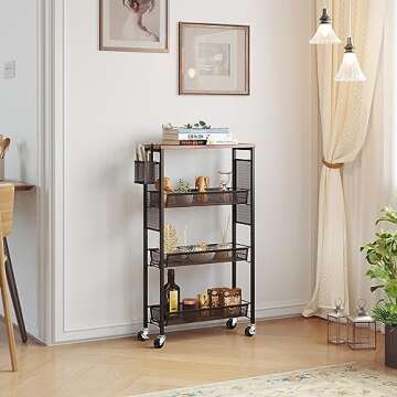 YITAHOME Kitchen Cart with Wheels, 4-Tier Slim Storage Cart, Mobile Utility Cart with Wooden Tabletop and Mesh Baskets, 19.2''x 7.3''x 34.3'', Rolling Cart for Kitchen, Bathroom, Laundry Room