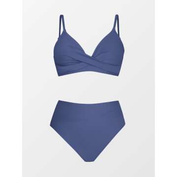 CUPSHE Womens Swimwear Bikini Sets Two Piece Swimsuits High Waisted Twist Front Adjustable Spaghetti Straps V Neck Back, Large, Persian Blue
