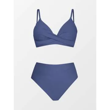 CUPSHE Womens Swimwear Bikini Sets Two Piece Swimsuits High Waisted Twist Front Adjustable Spaghetti Straps V Neck Back, Large, Persian Blue