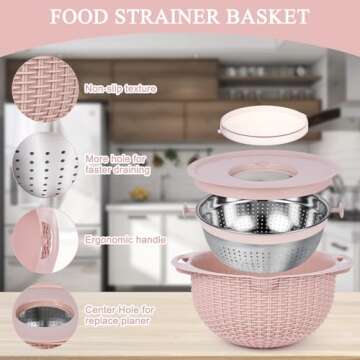 4 in 1 Colander with Mixing Bowl Set, Strainers for Kitchen, Food Strainers and Colanders,Pasta Rice Strainer, Fruit and Veggie Washer, Salad Spinner, Kitchen Essentials Strainer Basket Bowl(Pink)